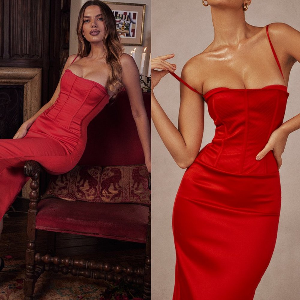 House of CB ‘Shani’ Red Satin Corset Maxi Dress NWT